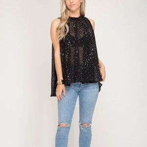 She and Sky Star Sleeveless Swing Tank Top - Black